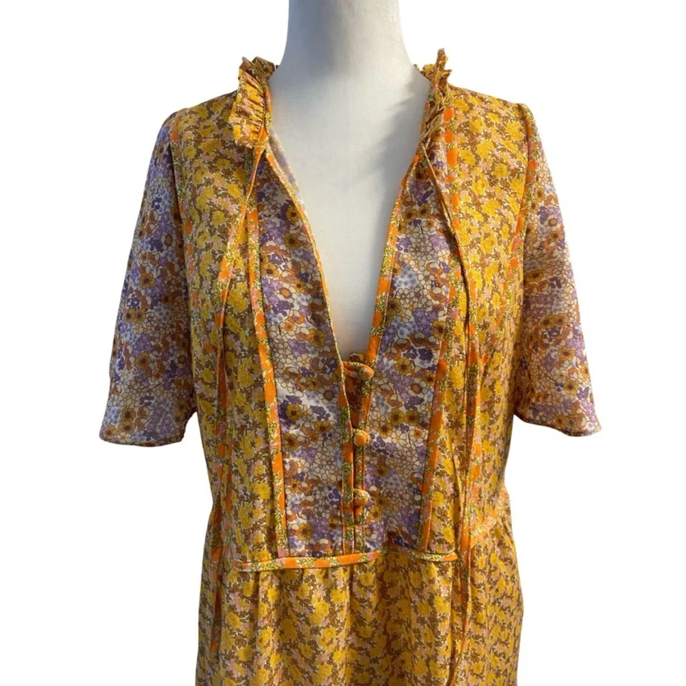 Lollys Laundry Godwin Floral Midi Dress Yellow Multicolor Size Large Pit 21 - Picture 5 of 17